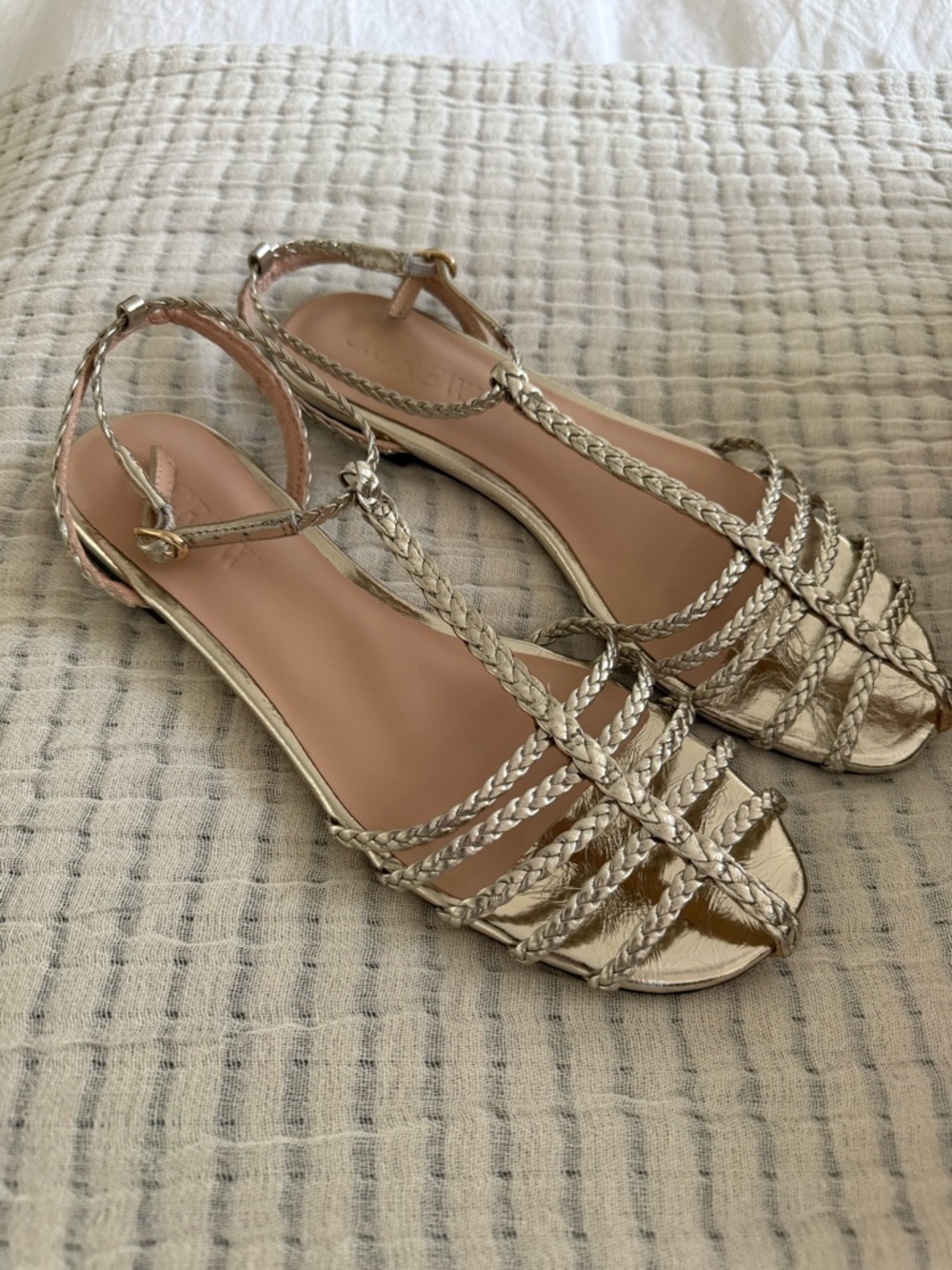 J. Crew Metallic Braided T-Strap Flat Sandals in Gold